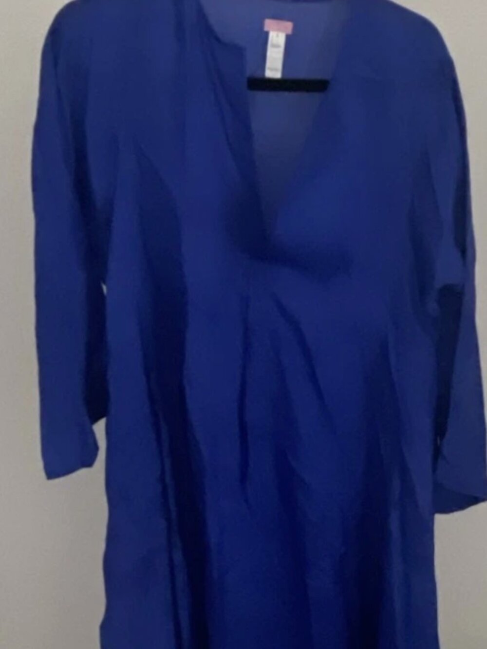 Dosa 100% Silk Blue Tunic Dress Size 4 Long Sleeve V-Neck Made in India